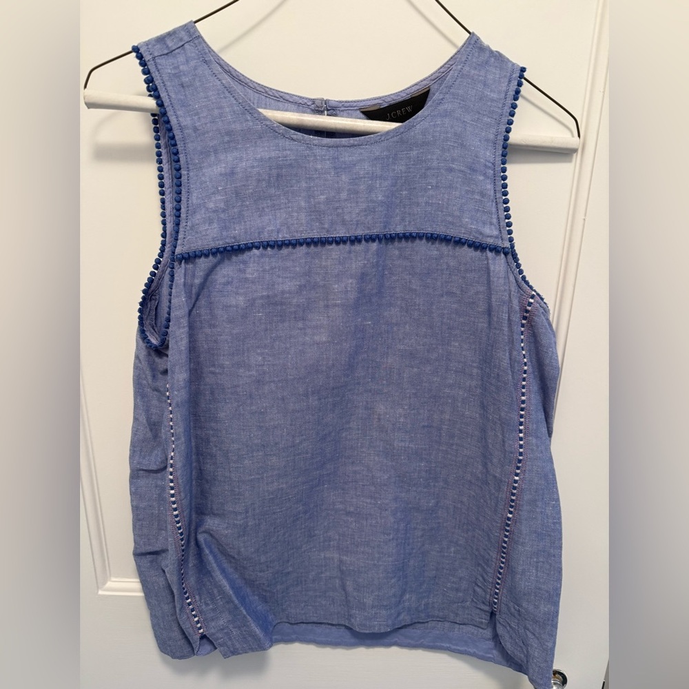 J. Crew Chambray Blue Pom-Pom Trim Sleeveless Tank